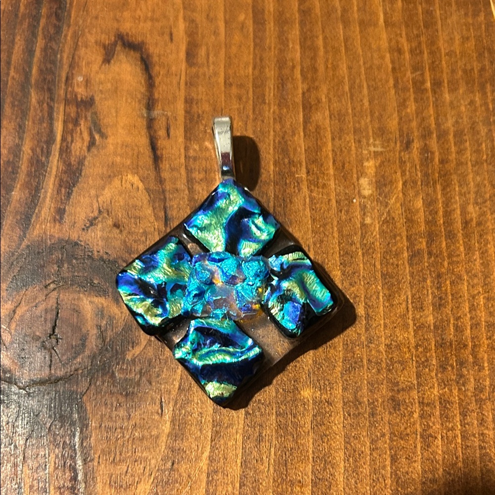 Dichroic Glass Iridescent Blue and Green Pendant